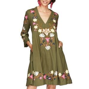 ROLLER RABBIT Women's Dress XS Olive Green‎ Boho Peasant Mara Embroidered